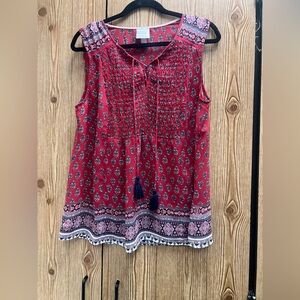 Knox Rose Red and Blue Patterned Sleeveless Blouse BoHo size large